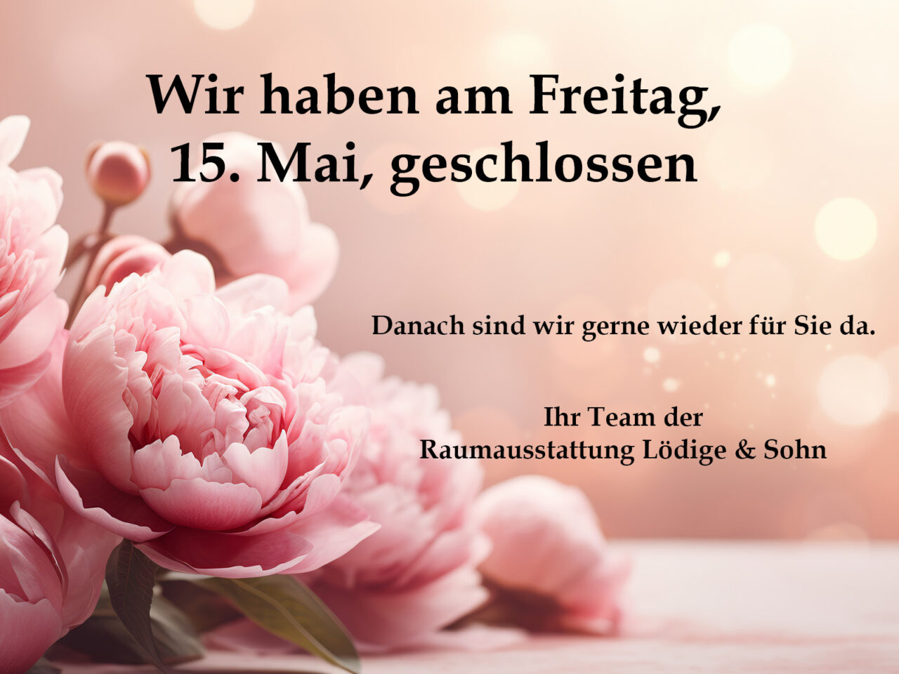Wir haben am Freitag, 15. Mai geschlossen. Rosa Pfingstrosen als Hintergrundbild.